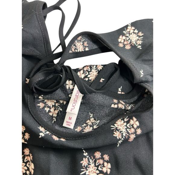 Boho Mini Dress Sz M Floral Long Bell Sleeves Open Back Loose A-Line Hippie - Picture 4 of 7